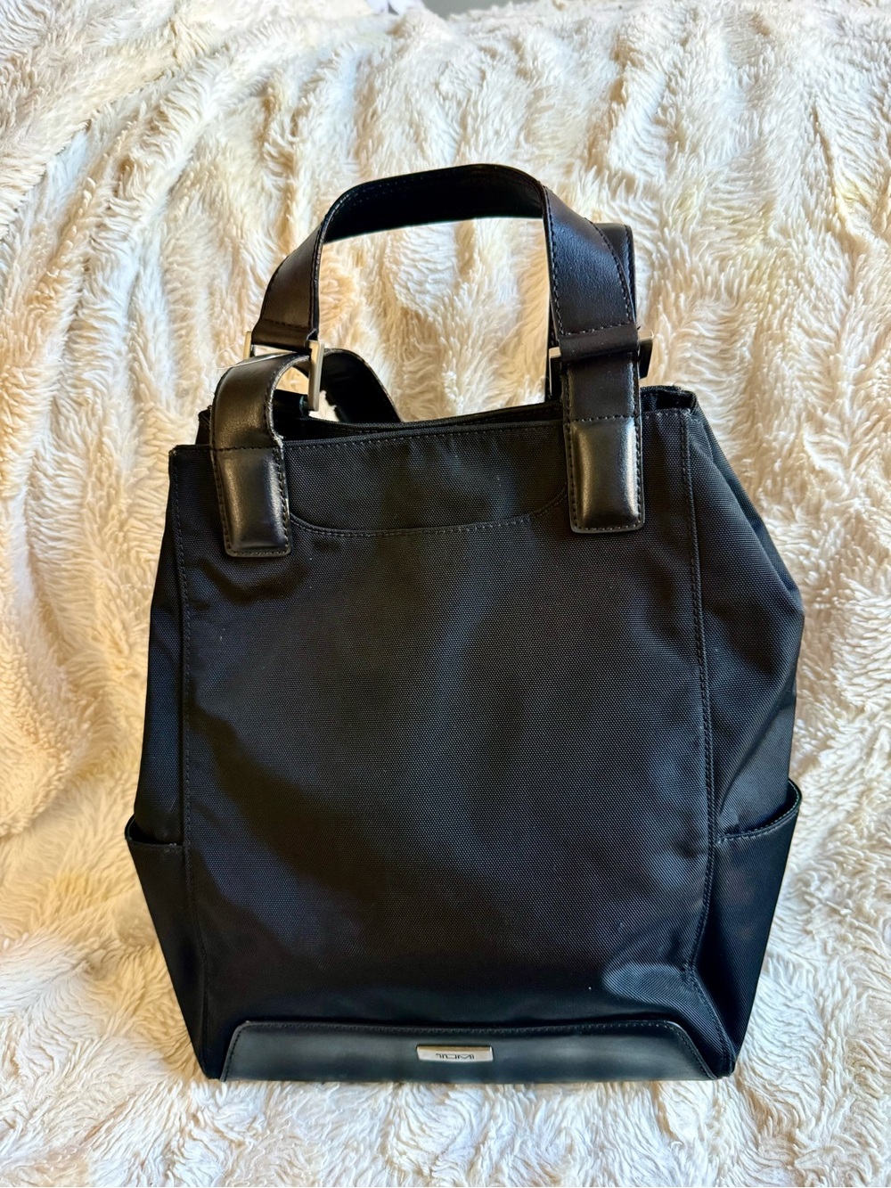 Tumi Black Women's Tote Bag with Top Handles, Nylon with leather trim, vintage.